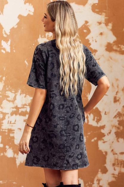 Vintage Washed Leopard T-Shirt Dress with Pockets