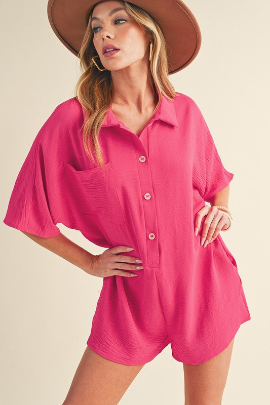 Bright Pink Half Button Collared Loose Romper