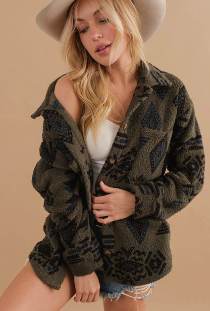 Soft Sherpa Aztec Print Button Up Jacket