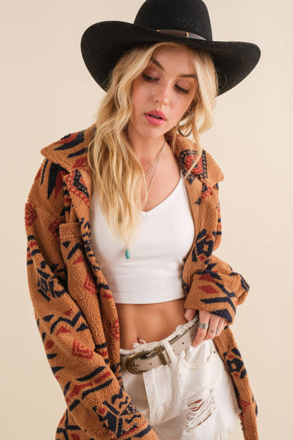 Soft Sherpa Aztec Print Button Up Jacket