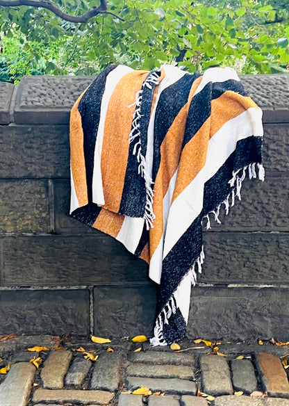 Midnight Marigold Throw l Mexican Blanket l Fall Home Decor: Black l Cream l Gold